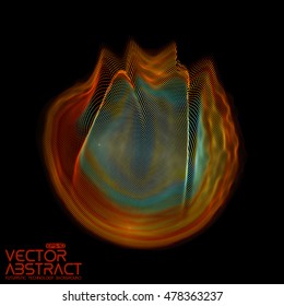 Abstract vector violet colorful mesh sphere on dark background. Futuristic style card. Elegant background for business presentations.  Corrupted point sphere.  Chaos aesthetics.