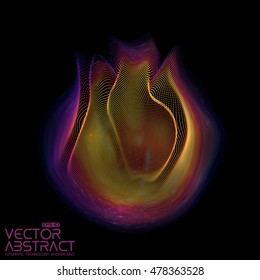 Abstract vector violet colorful mesh sphere on dark background. Futuristic style card. Elegant background for business presentations.  Corrupted point sphere.  Chaos aesthetics.