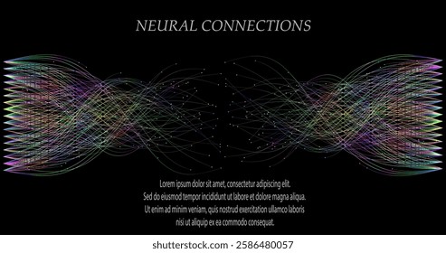 Abstract vector visualization of neural connections. Thin colored lines connect nodes, creating a dynamic flow of information. Gradients and glowing dots highlight the learning process of the neural n
