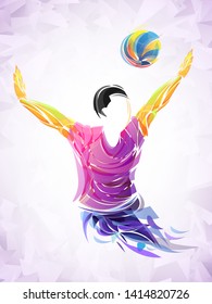 Abstract vector of a volleyball player in mid-jump, arms raised to hit a colorful ball. Dynamic pose and vibrant lines express motion, energy, and action in modern sports style.