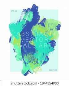 Abstract Vector Wall Art Print. Teal Blue Paint Brushstrokes Poster. Mint Green Modern Painting. Eps 8