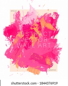 abstract vector wall art print. pink orange paint brushstrokes poster. coral color modern painting. eps 8