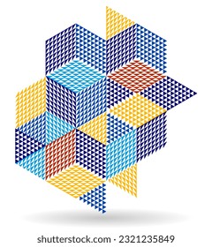 Papel de pared vector abstracto con bloques de cubos isométricos 3D, construcción geométrica con bloques de formas y formas, tema poligonal cúbico de polos bajos.