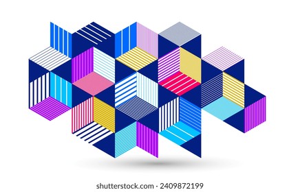 Papel de pared vector abstracto con bloques de cubos isométricos 3D, construcción geométrica con bloques de formas y formas, tema poligonal cúbico de polos bajos.