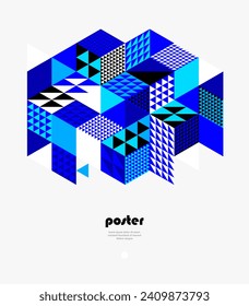 Abstract vector wallpaper with 3D isometric cubes blocks, geometric construction with blocks shapes and forms, op art low poly theme.