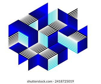 Abstract vector wallpaper with 3D isometric cubes blocks, geometric construction with blocks shapes and forms, op art low poly theme.