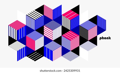 Abstract vector wallpaper with 3D isometric cubes blocks, geometric construction with blocks shapes and forms, cubic polygonal low poly theme.