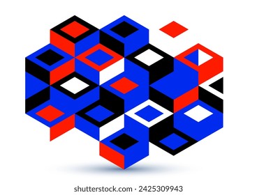 Abstract vector wallpaper with 3D isometric cubes blocks, geometric construction with blocks shapes and forms, cubic polygonal low poly theme.