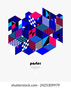 Abstract vector wallpaper with 3D isometric cubes blocks, geometric construction with blocks shapes and forms, cubic polygonal low poly theme.