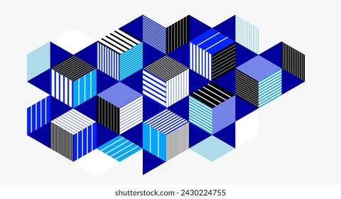 Fondo de pantalla de vector abstracto con bloques de cubos isométricos 3D, construcción geométrica con formas y bloques, tema de bajo poliéster op art.