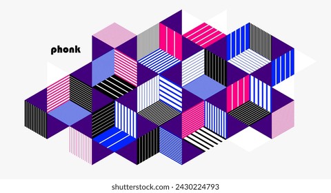 Abstract vector wallpaper with 3D isometric cubes blocks, geometric construction with blocks shapes and forms, cubic polygonal low poly theme.