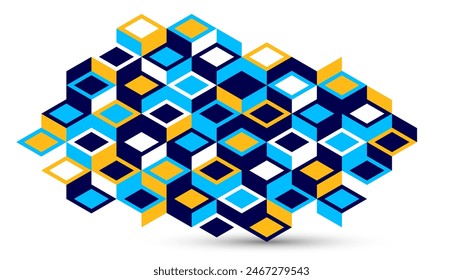 Abstrakte Vektorgrafik Bildschirmhintergrund mit 3D-isometrischen Würfeln Blöcke, geometrische Konstruktion mit Blöcken Formen und Formen, kubische polygonale Low-Poly-Thema.