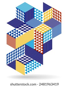 Abstract vector wallpaper with 3D isometric cubes blocks, geometric construction with blocks shapes and forms, cubic polygonal low poly theme.