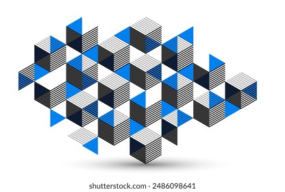 Abstract vector wallpaper with 3D isometric cubes blocks, geometric construction with blocks shapes and forms, op art low poly theme.