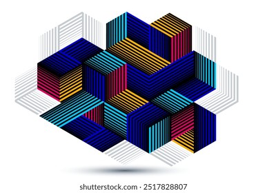 Abstract vector wallpaper with 3D isometric cubes blocks, geometric construction with blocks shapes and forms, cubic polygonal low poly theme.