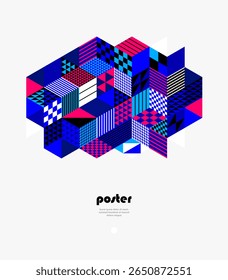 Abstract vector wallpaper with 3D isometric cubes blocks, geometric construction with blocks shapes and forms, cubic polygonal low poly theme.