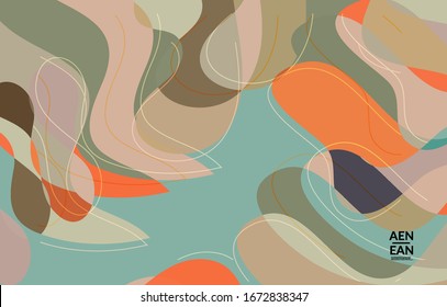 Papel pintado abstracto vectorial, patrón art terrazzo con formas onduladas y líneas en color natural terrenal.Plantilla minimalista moderna para las tecnologías de marketing de la publicidad estacional de moda.