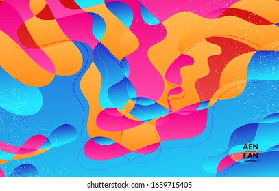 Abstract vector wallpaper cover template with bright gradient wavy organic overlapping shapes grunge textured. Fluid wavy lines art. Template for seasonal sale advertising  marketing technology.