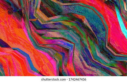 Abstract vector wallpaper. Diagonal geometric vibrant colored pattern. Polarized light in microscopic view crystal structure. Dynamic computer filtered multicolored artistic background template.
