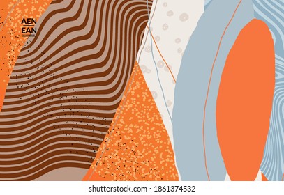 Abstract vector wallpaper. Exotic striped overlapping wavy shapes and lines. Packaging contemporary design. Natural motley artwork. Hand drawn textured background for social media fashion frame.