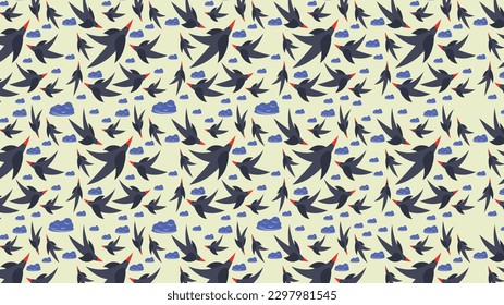 Papel de pared vector abstracto con aves voladoras y nubes azules. Relleno de patrones abstractos. Patrón, forma, sin costuras, volando, pájaro, nubes. Tela, moda. Representación simple de aves voladoras.