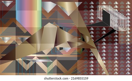 abstract vector wallpaper with geometric shapes. Transition fill of objects. Triangles, squares and lines. Colors in metallic shades.