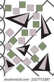 Abstract vector wallpaper with geometric shapes. Squares with rounded corners and triangles. Shape, pattern, geometric. Random placement of objects, composition. Wallpaper, background, abstract.