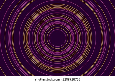 Papel tapiz del vector abstracto. Círculos dorados amarillos y morados sobre fondo violeta oscuro. Memphis estilo arte simple. Listo para usar como fondo de pantalla, decoración o plantilla de presentación.
