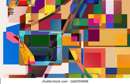 Abstract vector wallpaper. Large vibrant colored overlapping squares. Retro TV test glitch effect digital art. Pixel uneven geometric pattern. Big data cyberspace computer filtered texture.