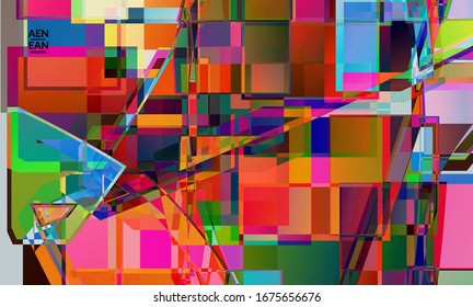 Abstract vector wallpaper. Large vibrant colored overlapping squares. Retro TV test glitch effect digital art. Pixel uneven geometric pattern. Big data cyberspace computer filtered texture.