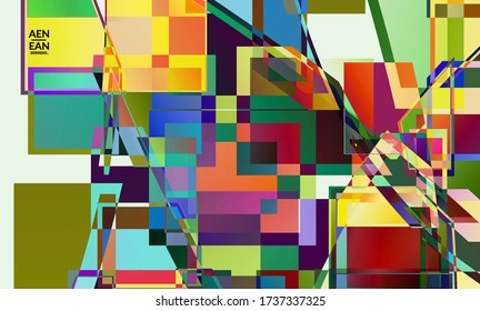 Abstract vector wallpaper. Large vibrant colored overlapping squares. Retro TV test glitch effect digital art. Pixel uneven geometric pattern. Big data cyberspace computer filtered texture.