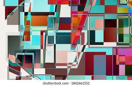 Abstract vector wallpaper. Large vibrant colored overlapping squares. Retro TV test glitch effect digital art. Pixel uneven geometric pattern. Big data cyberspace computer filtered texture.