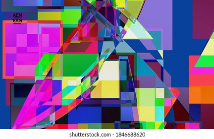 Abstract vector wallpaper. Large vibrant colored overlapping squares. Retro TV test glitch effect digital art. Pixel uneven geometric pattern. Big data cyberspace computer filtered texture.