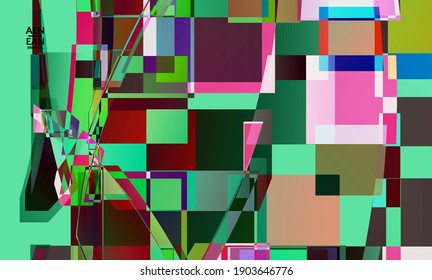Abstract vector wallpaper. Large vibrant colored overlapping squares. Retro TV test glitch effect digital art. Pixel uneven geometric pattern. Big data cyberspace computer filtered texture.