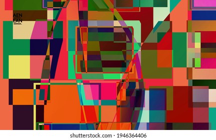 Abstract vector wallpaper. Large vibrant colored overlapping squares. Retro TV test glitch effect digital art. Pixel uneven geometric pattern. Big data cyberspace computer filtered texture.