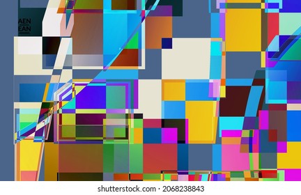 Abstract vector wallpaper. Large vibrant colored overlapping squares. Retro TV test glitch effect digital art. Pixel uneven geometric pattern. Big data cyberspace computer filtered texture.