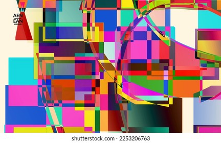 Abstract vector wallpaper. Large vibrant colored overlapping squares. Retro TV test glitch effect digital art. Pixel uneven geometric pattern. Big data cyberspace computer filtered texture.