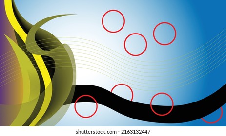 Abstract vector wallpaper with lines on the left. Combined thin lines stretching across the center. Background in gradient blue. Circles with a red rough edge without filling.