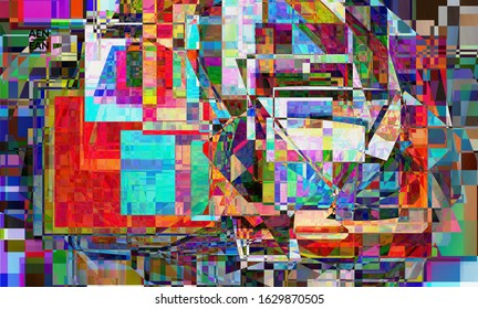 Abstract vector wallpaper. Small broken pixel distortion glitch art. Matrix geometric pattern. Vibrant colorful digital texture. Computer marketing sale background template.