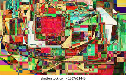 Abstract vector wallpaper. Small broken pixel distortion glitch art. Matrix geometric pattern. Vibrant colorful digital texture. Computer marketing sale background template.