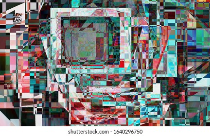Abstract vector wallpaper. Small broken pixel distortion glitch art. Matrix geometric pattern. Vibrant colorful digital texture. Computer marketing sale background template.