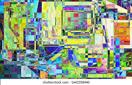 Abstract vector wallpaper. Small broken pixel distortion glitch art. Matrix geometric pattern. Vibrant colorful digital texture. Computer marketing sale background template.