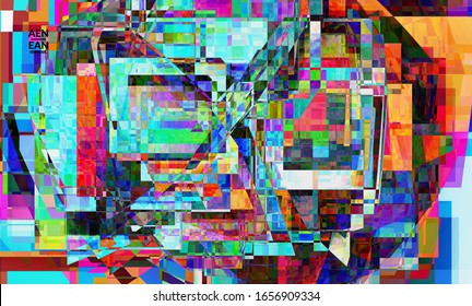 Abstract vector wallpaper. Small broken pixel distortion glitch art. Matrix geometric pattern. Vibrant colorful digital texture. Computer marketing sale background template.