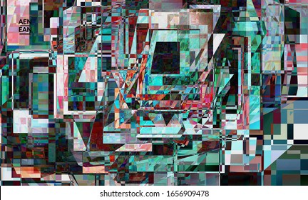 Abstract vector wallpaper. Small broken pixel distortion glitch art. Matrix geometric pattern. Vibrant colorful digital texture. Computer marketing sale background template.