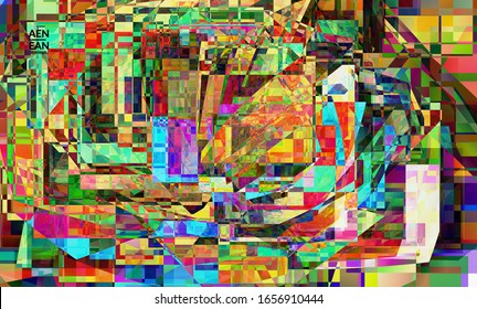 Abstract vector wallpaper. Small broken pixel distortion glitch art. Matrix geometric pattern. Vibrant colorful digital texture. Computer marketing sale background template.