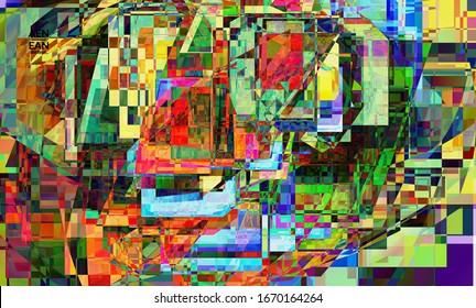 Abstract vector wallpaper. Small broken pixel distortion glitch art. Matrix geometric pattern. Vibrant colorful digital texture. Computer marketing sale background template.