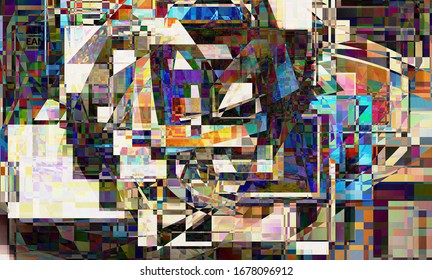 Abstract vector wallpaper. Small broken pixel distortion glitch art. Matrix geometric pattern. Vibrant colorful digital texture. Computer marketing sale background template.
