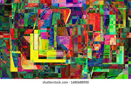 Abstract vector wallpaper. Small broken pixel distortion glitch art. Matrix geometric pattern. Vibrant colorful digital texture. Computer marketing sale background template.