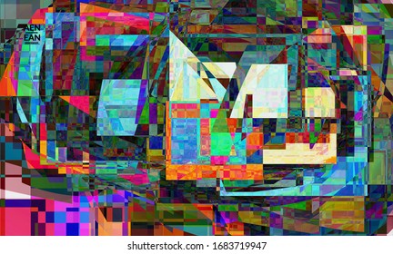 Abstract vector wallpaper. Small broken pixel distortion glitch art. Matrix geometric pattern. Vibrant colorful digital texture. Computer marketing sale background template.