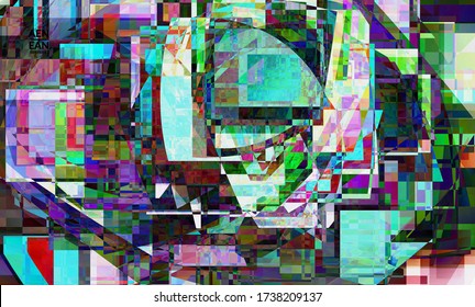 Abstract vector wallpaper. Small broken pixel distortion glitch art. Matrix geometric pattern. Vibrant colorful digital texture. Computer marketing sale background template.